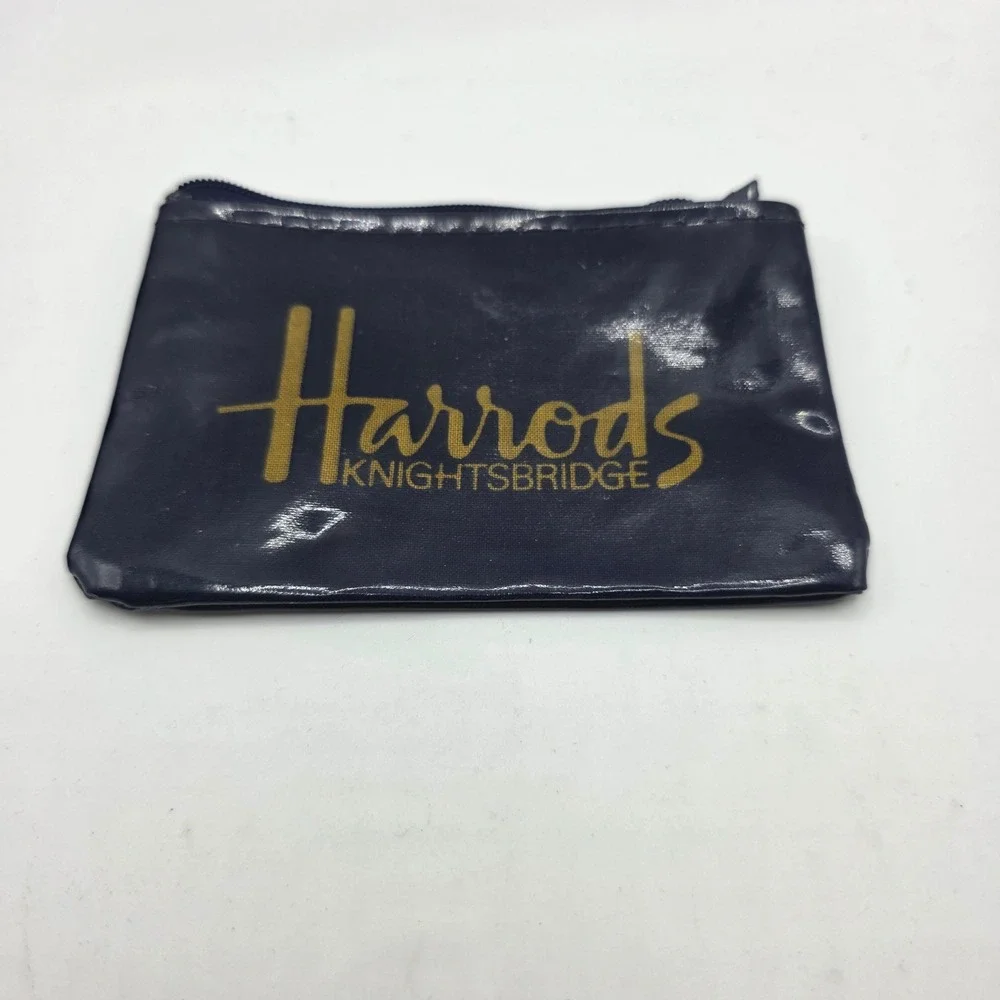Harrods Knightsbridge‎ Small Zipper Pouch Navy Blue Gold Logo Coin Purse Bag